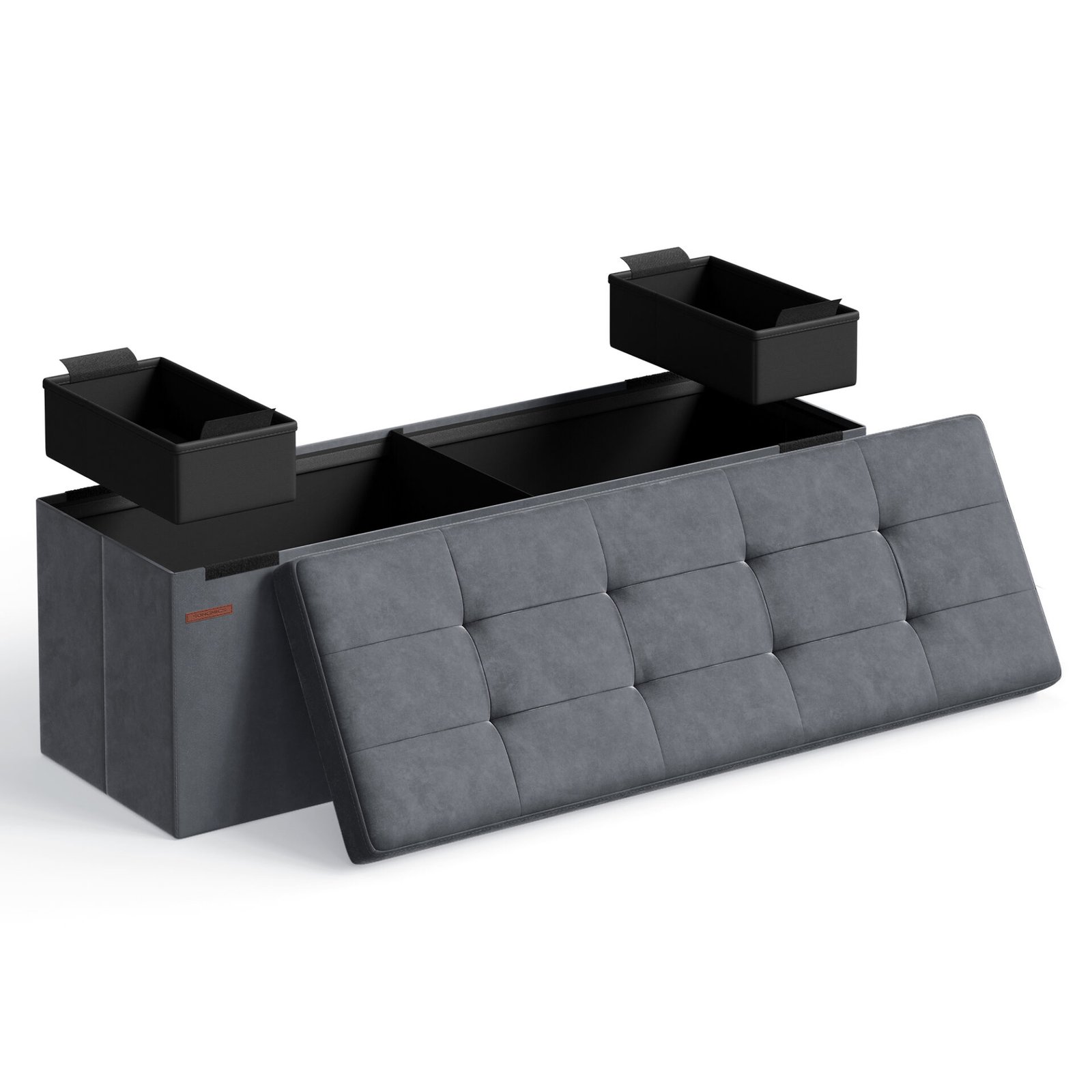 Opbevaringspuf, foldbar fløjlsbænk med opbevaring, 15 x 43,3 x 15 tommer, skifergrå 1 Opbevaringspuf, foldbar fløjlsbænk med opbevaring, 15 x 43,3 x 15 tommer, skifergrå