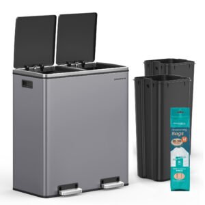 Dobbelt skraldespand, 2 x 8 gallon (2 x 30 l) metalgenbrugsbeholder med 15 affaldsposer, skifergrå