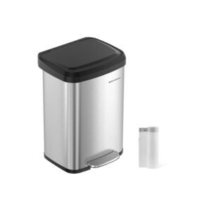 SONGMICS Kitchen Bin, 50L Waste Bin, Metal Pedal Bin with Lid, Tall and Large, Silver and Black LTB530E50