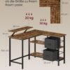 L-formet skrivebord med 2 rummelige skuffer, gamingbord med skærmstativ, rustik brun - Billede 6