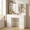 Toiletbord med spejl og LED-lys, strømskinne, 9 skuffer, 10x spejl, Cloud White - Billede 4