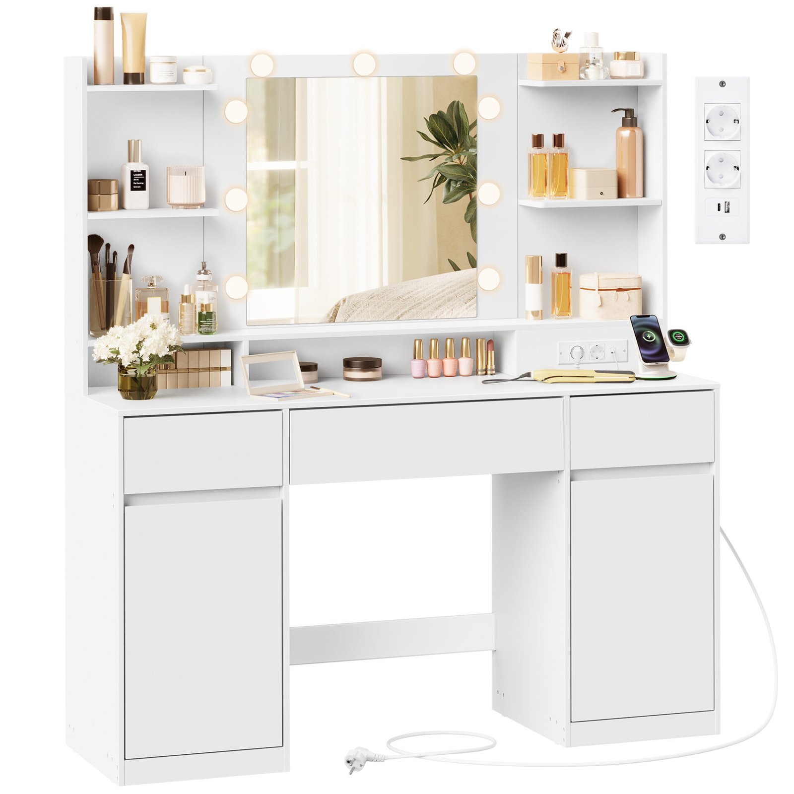 Toiletbord med spejl og LED-lys, strømskinne, 2 skabe, Cloud White 1 Toiletbord