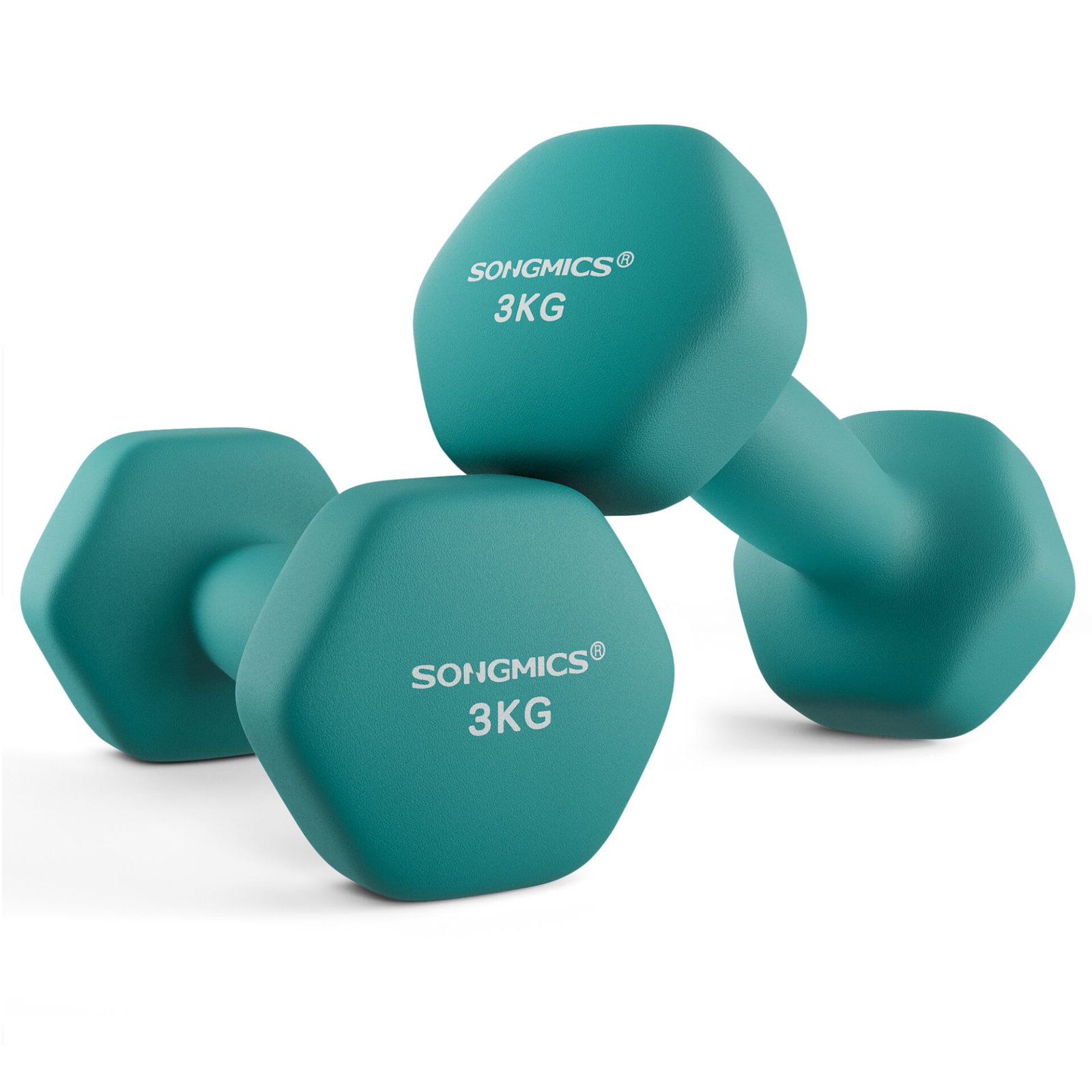 Sæt med 2 neopren sekskantede håndvægte, 2 x 3 kg, med håndvægtstænger, hjemmetræning, blågrøn 1 Sæt med 2 neopren sekskantede håndvægte, 2 x 3 kg, med håndvægtstænger, hjemmetræning, blågrøn