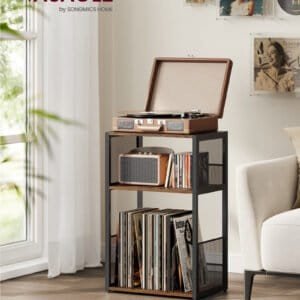 Pladespillerstativ med 3-lags sidebord til vinyl og pladespiller.