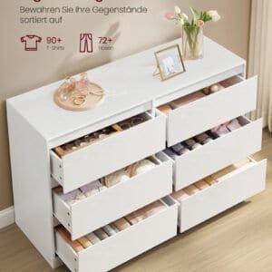 Hvidt opbevaringsskab med 6 store skuffer til tøj og accessories.