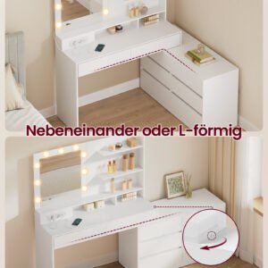 Toiletbord med spejl og LED-belysning, L-formet, skyhvid