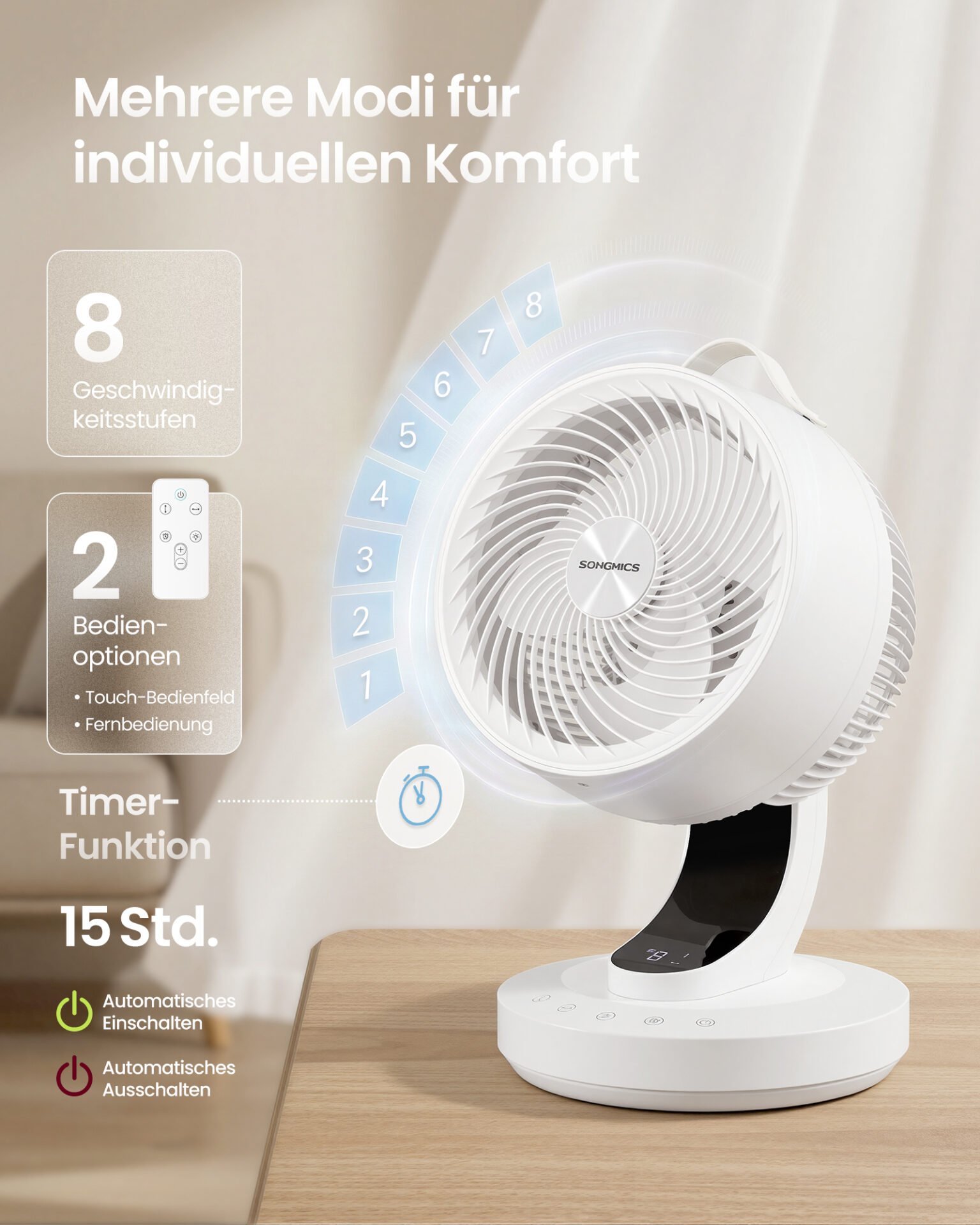 Lydløs bordventilator 20dB med fjernbetjening, 70° oscillation, 12 timer, Cloud White 1 bordventilator