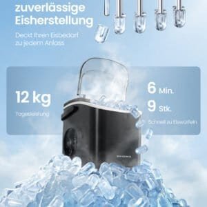 Hurtig ismaskine med selvrensning, 12 kg daglig kapacitet, 6 min til 9 isterninger.