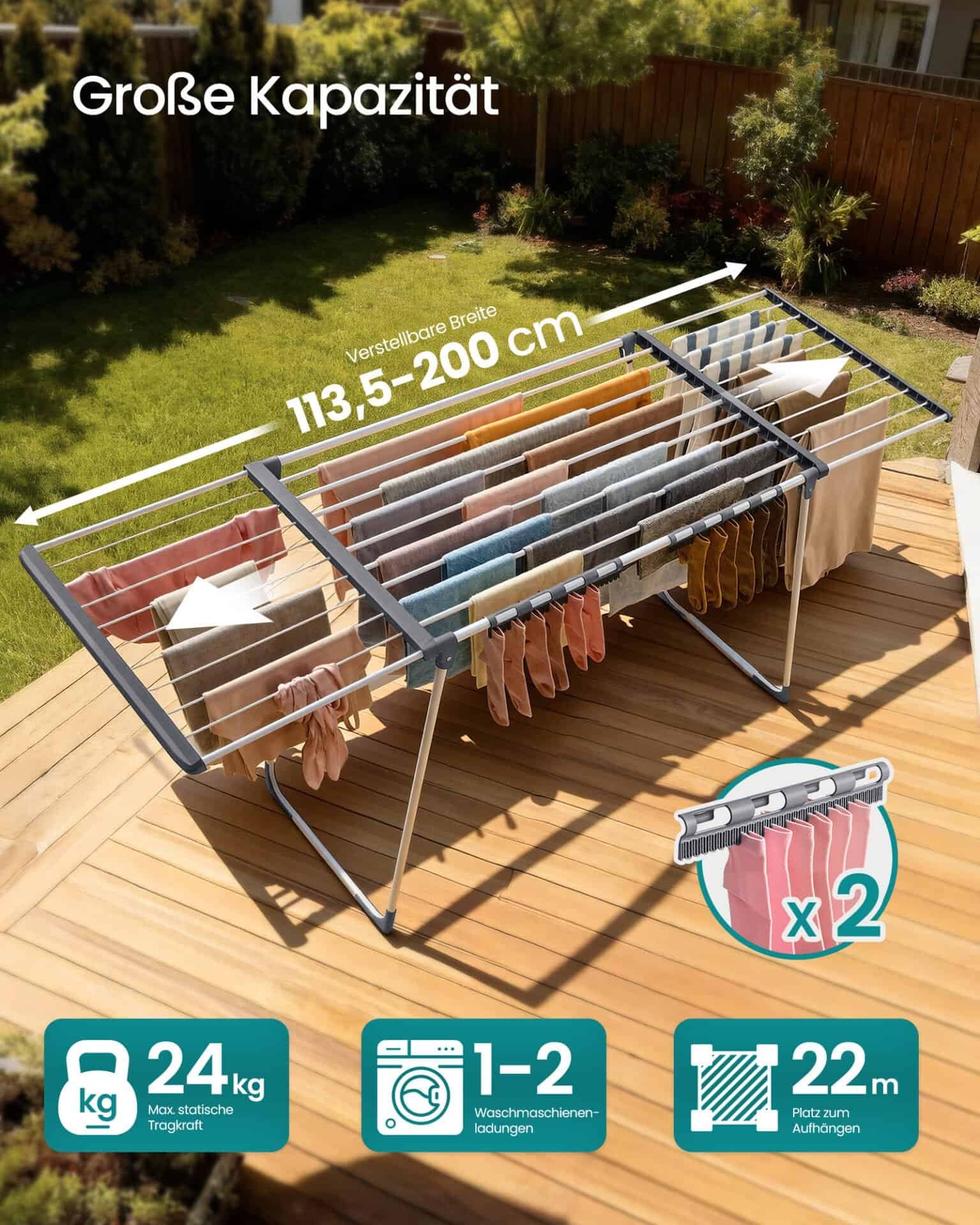 Stående tørrestativ, udtrækkelige vinger, 22 m tørreflade 1 Udendørs tørresnor med stor kapacitet og justerbar længde.