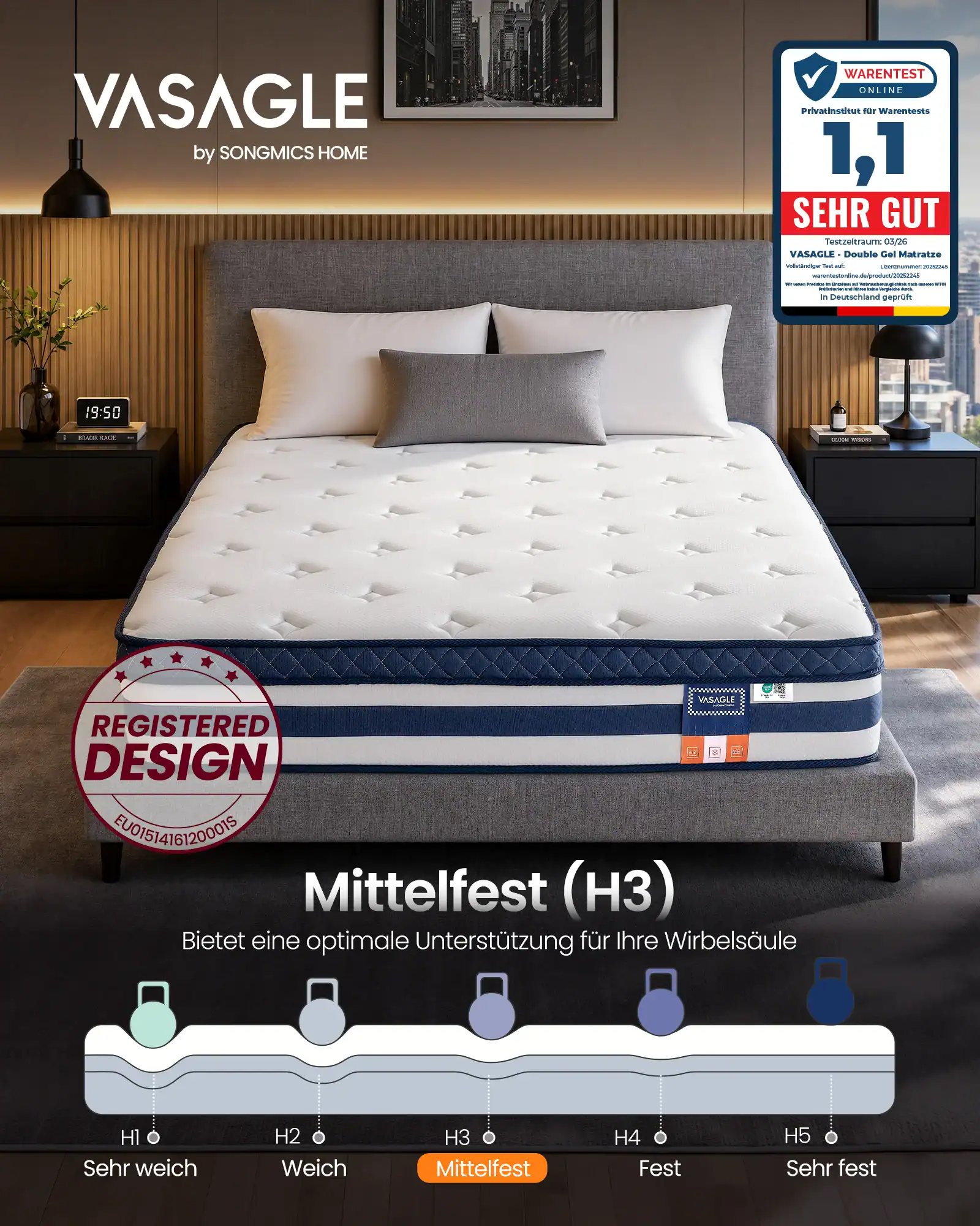 Madras 140 x 200 x 25 cm, Spring Gel Memory Foam Madras 1 Vasagle seng med medium fasthed og moderne design.