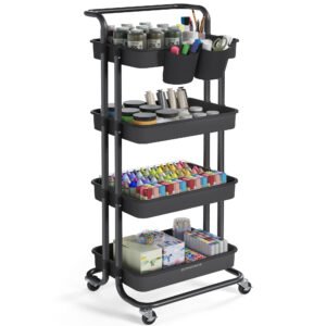 SONGMICS 4-Tier Storage Trolley, Rolling Trolley with Handle, 2 Small Organisers, Steel Frame, Steel Baskets, Utility Cart, Easy Assembly, for Bathroom Laundry Room, Black BSC077BZ01