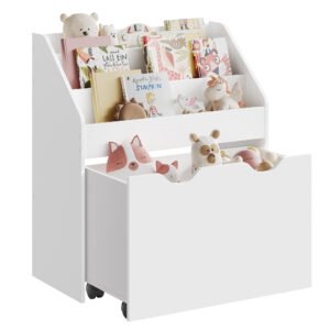 SONGMICS Kids Bookshelf and Toy Organiser, Toy Storage Chest and Bookcase with 3 Shelves, Storage Box with Wheels, Multipurpose, for Children's Room and Playroom, Cloud White GKR041W10