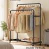 SONGMICS Clothes Rack, Garment Rack on Wheels, Coat Rack, 2 Lockable Wheels, Bedroom, Double Rods, Holds up to 90 kg, 46.5 x 110 x 155.5 cm, Ink Black HSR017BH01 - Billede 2