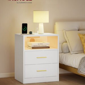 VASAGLE Custos Collection LET629WB01 Bedside Table with Charging Station, LED Lighting, Side Table, Modern with Drawers, 2 AC Outlets and USB Ports, Cloud White