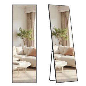 SONGMICS Full Length Mirror, Rectangle Full Body Floor Mirror with Stand, Aluminium Alloy Frame, Tempered Glass, for Bedroom, Living Room, Cloakroom, Square Corner, 160 x 50 cm, Matte Black LFM050BD01