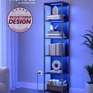 VASAGLE 6 Tier Bookcase with Adjustable LED Lighting, Shelf with Steel Frame, 30.3 x 40 x 178.6 cm, for Living Room, Bedroom, Study Room, Ebony Black LLS121B57