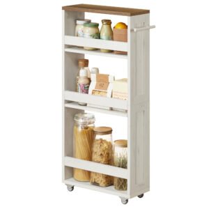 VASAGLE 4-Tier Narrow Kitchen Cart, Niche Shelf on Wheels, Handle, for Small Spaces, 40 x 15 x 86.5 cm, Bathroom, Laundry Room, Vintage White-Honey Brown LRC050K01