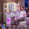 VASAGLE Vanity Table with LED Mirror and RGB Lighting, Power Outlets, Glass Top, Storage Cabinets, 107 x 40 x 144.5 cm, White, Bedroom, Kailyn Collection RDT145WB01