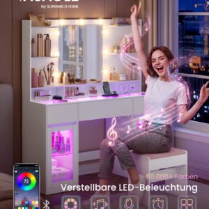 VASAGLE Vanity Table with LED Mirror and RGB Lighting, Power Outlets, Glass Top, Storage Cabinets, 107 x 40 x 144.5 cm, White, Bedroom, Kailyn Collection RDT145WB01