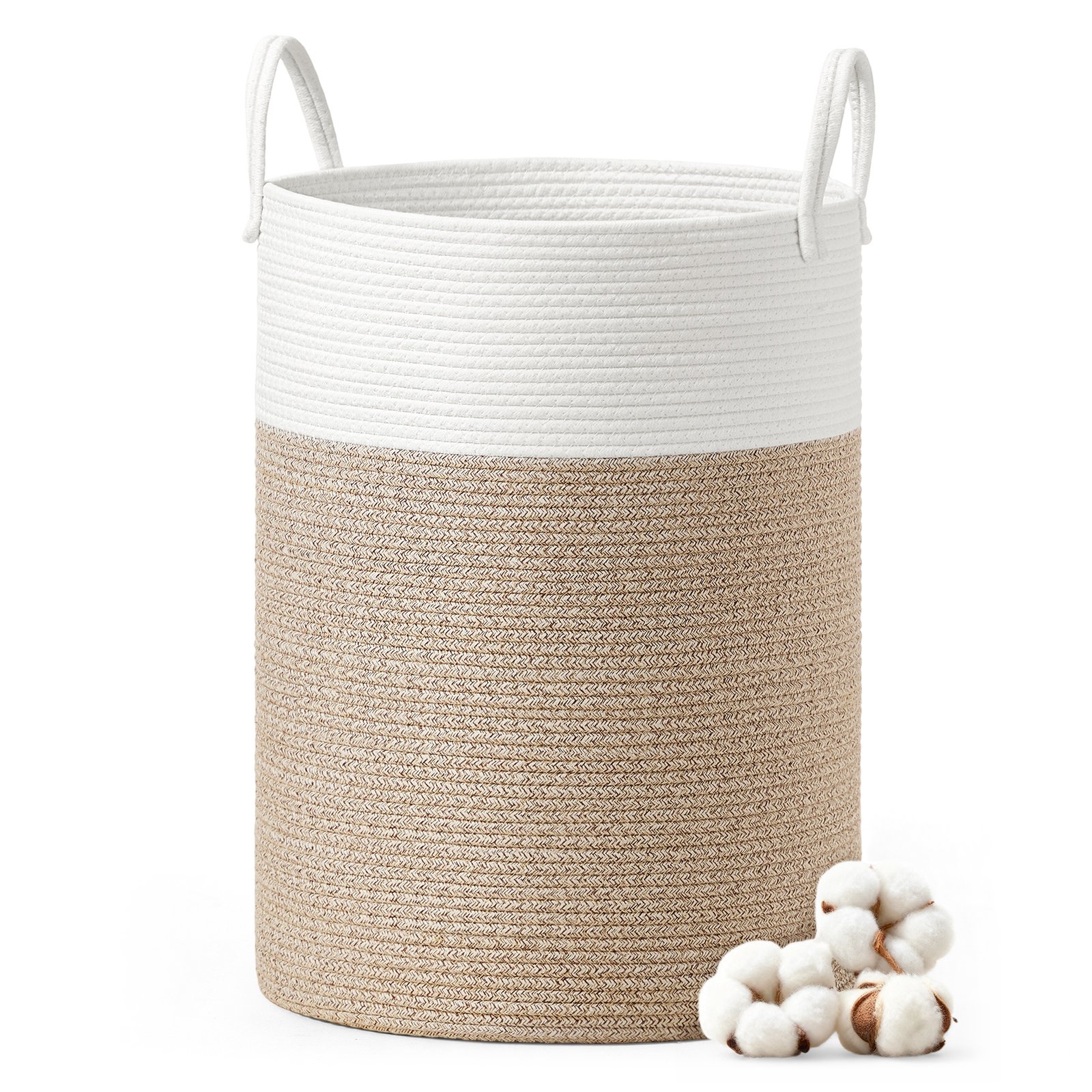 SONGMICS Laundry Basket, Laundry Hamper for Children, Cotton Rope Storage Basket with Handles, for Blankets, Toys, Living Room, Bedroom, Children's Room, 80 L, White and Greyish Brown RLH062LZ01 1 SONGMICS Laundry Basket, Laundry Hamper for Children, Cotton Rope Storage Basket with Handles, for Blankets, Toys, Living Room, Bedroom, Children's Room, 80 L, White and Greyish Brown RLH062LZ01