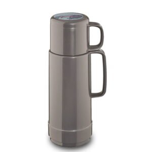 Sølvfarvet termos med håndtag, 0,5 L kapacitet, Tyskland.